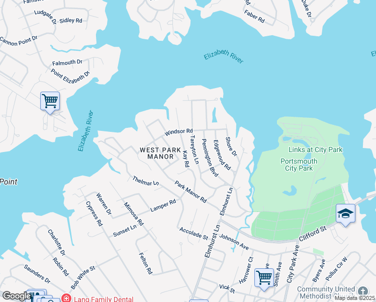 map of restaurants, bars, coffee shops, grocery stores, and more near 310 Kay Road in Portsmouth