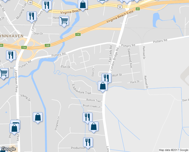 map of restaurants, bars, coffee shops, grocery stores, and more near 256 Elon Ct in Virginia Beach