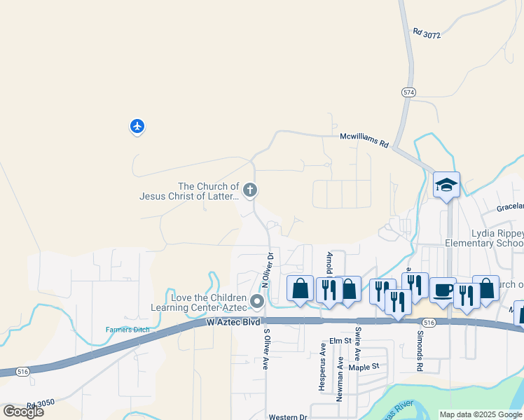 map of restaurants, bars, coffee shops, grocery stores, and more near 506 N Oliver Ave in Aztec