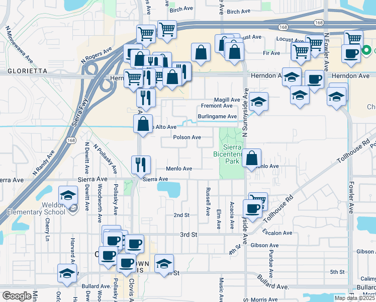 map of restaurants, bars, coffee shops, grocery stores, and more near 110 North Manila Avenue in Clovis