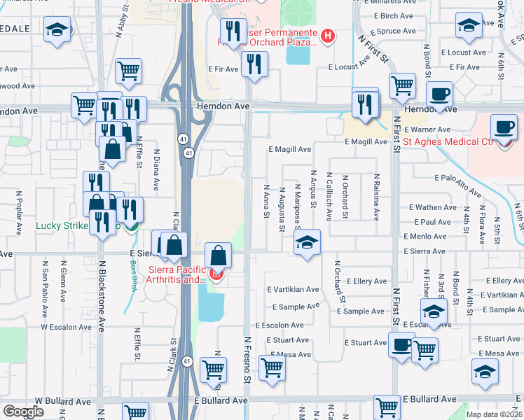 map of restaurants, bars, coffee shops, grocery stores, and more near 6513 North Anna Street in Fresno