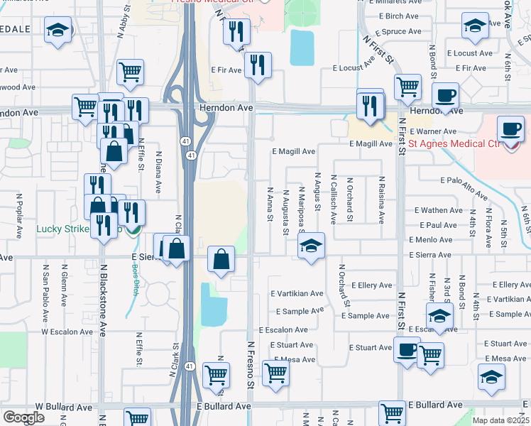 map of restaurants, bars, coffee shops, grocery stores, and more near 6513 North Anna Street in Fresno