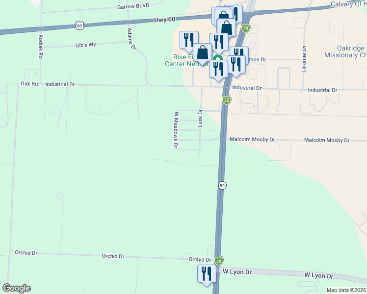 map of restaurants, bars, coffee shops, grocery stores, and more near 1916 Meadows Drive in Neosho