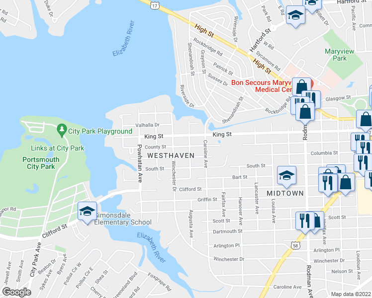 map of restaurants, bars, coffee shops, grocery stores, and more near 4401 County Street in Portsmouth