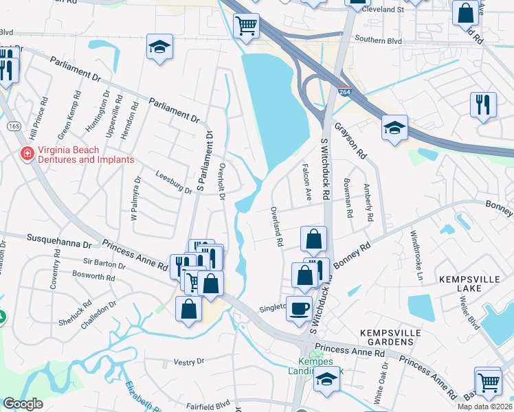 map of restaurants, bars, coffee shops, grocery stores, and more near 5212 Overland Court in Virginia Beach