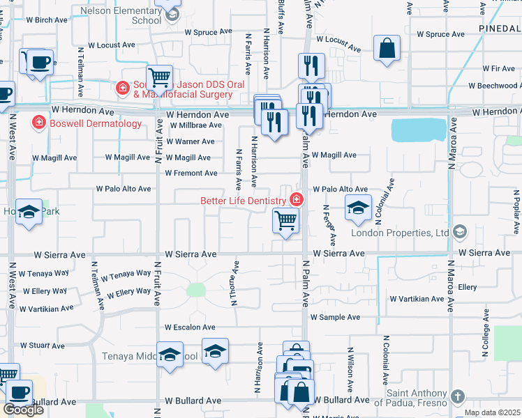 map of restaurants, bars, coffee shops, grocery stores, and more near 6545 North Safford Avenue in Fresno