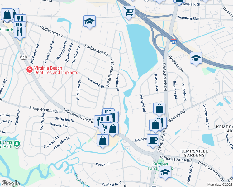 map of restaurants, bars, coffee shops, grocery stores, and more near 261 Overholt Drive in Virginia Beach