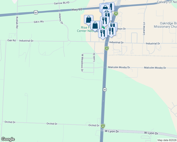 map of restaurants, bars, coffee shops, grocery stores, and more near 1811 Malcom Mosby Drive in Neosho