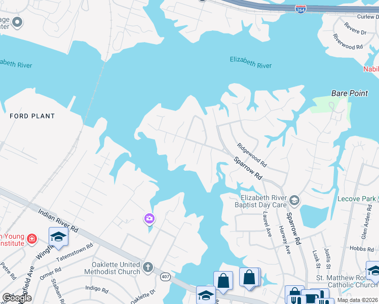 map of restaurants, bars, coffee shops, grocery stores, and more near 104 Sparrow Lane in Chesapeake