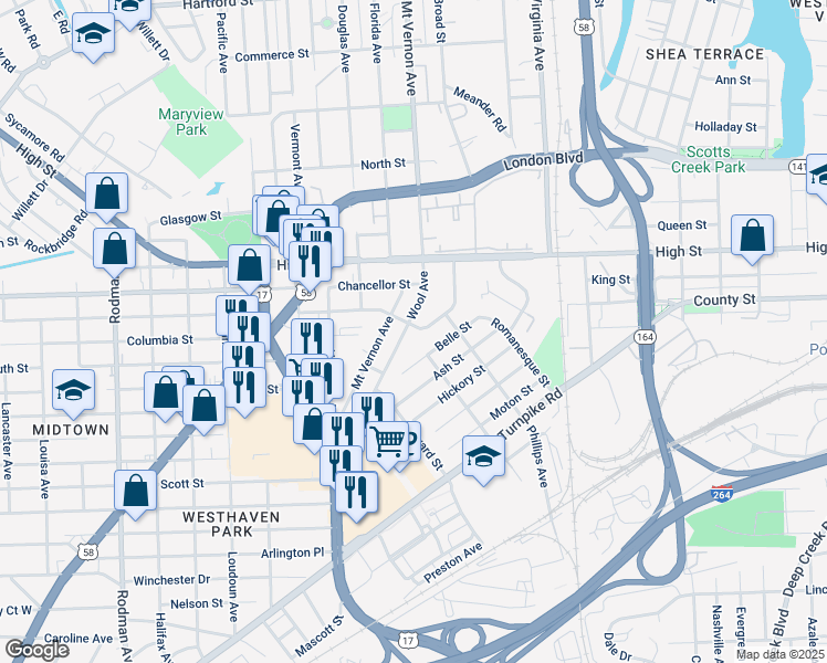 map of restaurants, bars, coffee shops, grocery stores, and more near 1401 Wool Avenue in Portsmouth