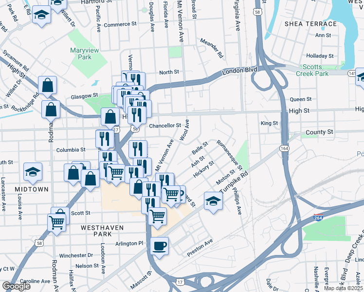map of restaurants, bars, coffee shops, grocery stores, and more near 1401 Wool Avenue in Portsmouth