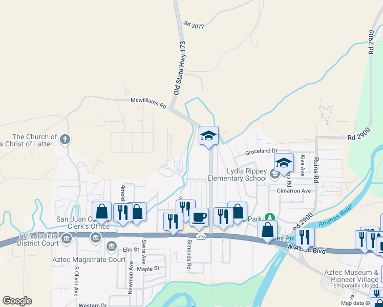 map of restaurants, bars, coffee shops, grocery stores, and more near 455 North Light Plant Road in Aztec