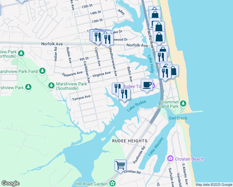 map of restaurants, bars, coffee shops, grocery stores, and more near 408 Terrace Court in Virginia Beach