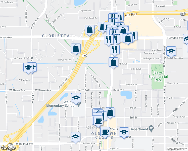 map of restaurants, bars, coffee shops, grocery stores, and more near 109 North Pollasky Avenue in Clovis