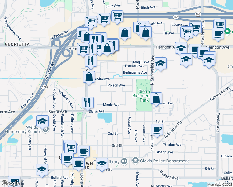 map of restaurants, bars, coffee shops, grocery stores, and more near 110 North Manila Avenue in Clovis
