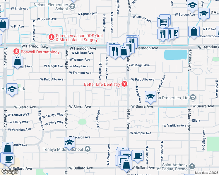 map of restaurants, bars, coffee shops, grocery stores, and more near 6545 North Safford Avenue in Fresno