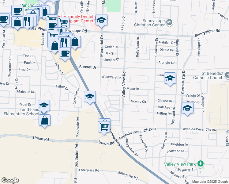 map of restaurants, bars, coffee shops, grocery stores, and more near 1103 Crescent Lane in Hollister