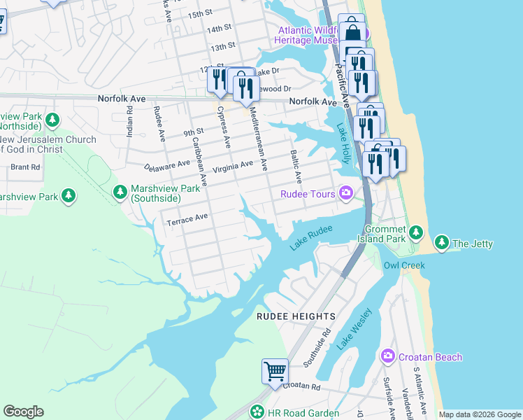map of restaurants, bars, coffee shops, grocery stores, and more near 408 Mediterranean Avenue in Virginia Beach