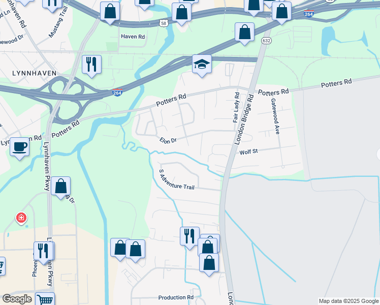 map of restaurants, bars, coffee shops, grocery stores, and more near 243 Cheltenham Drive in Virginia Beach