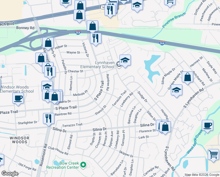 map of restaurants, bars, coffee shops, grocery stores, and more near 245 Raintree Road in Virginia Beach