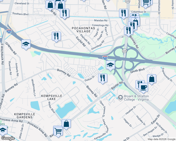 map of restaurants, bars, coffee shops, grocery stores, and more near 4884 Travertine Avenue in Virginia Beach