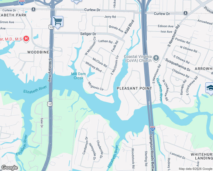 map of restaurants, bars, coffee shops, grocery stores, and more near 326 East McGinnis Circle in Norfolk