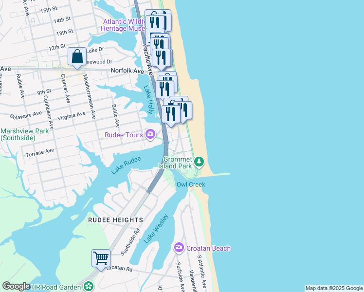 map of restaurants, bars, coffee shops, grocery stores, and more near 205 Atlantic Avenue in Virginia Beach