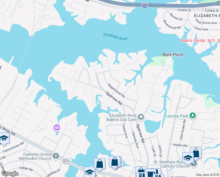 map of restaurants, bars, coffee shops, grocery stores, and more near 129 Ridgewood Road in Chesapeake