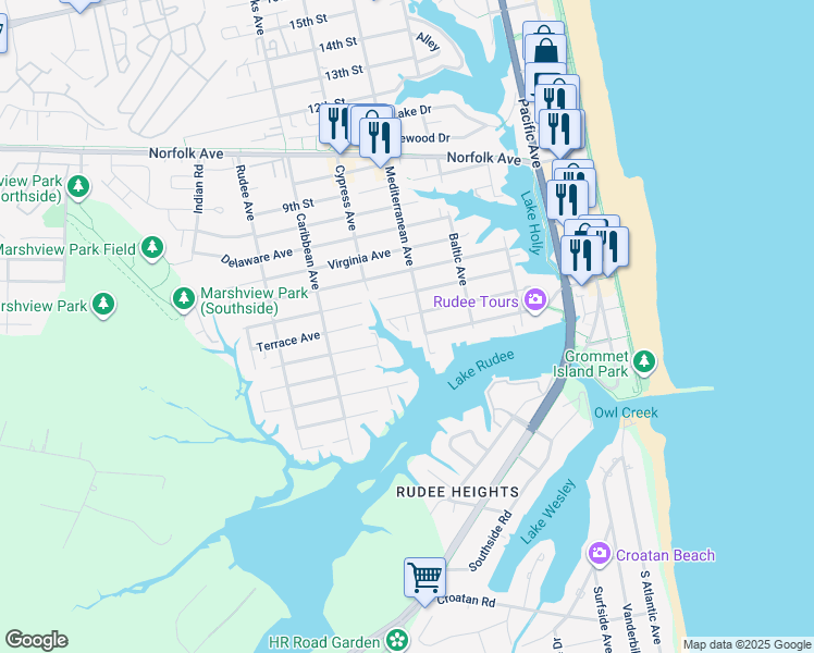 map of restaurants, bars, coffee shops, grocery stores, and more near 405 Terrace Court in Virginia Beach
