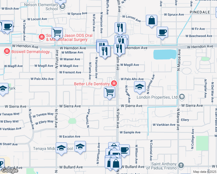 map of restaurants, bars, coffee shops, grocery stores, and more near 6549 North Palm Avenue in Fresno
