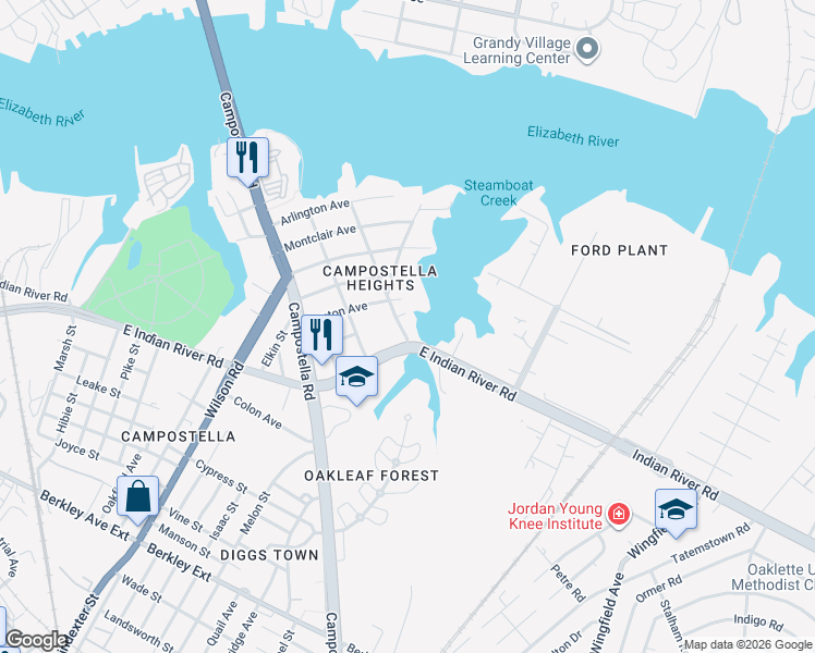 map of restaurants, bars, coffee shops, grocery stores, and more near 1000 Waltham Street in Norfolk