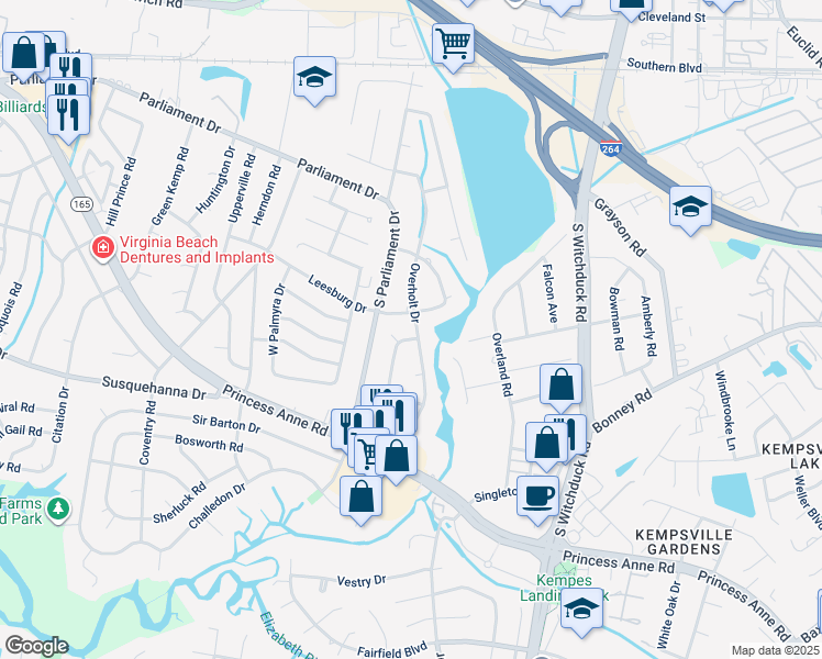 map of restaurants, bars, coffee shops, grocery stores, and more near 261 Overholt Drive in Virginia Beach