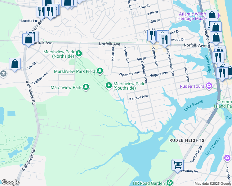 map of restaurants, bars, coffee shops, grocery stores, and more near 604 Sea Oats Way in Virginia Beach
