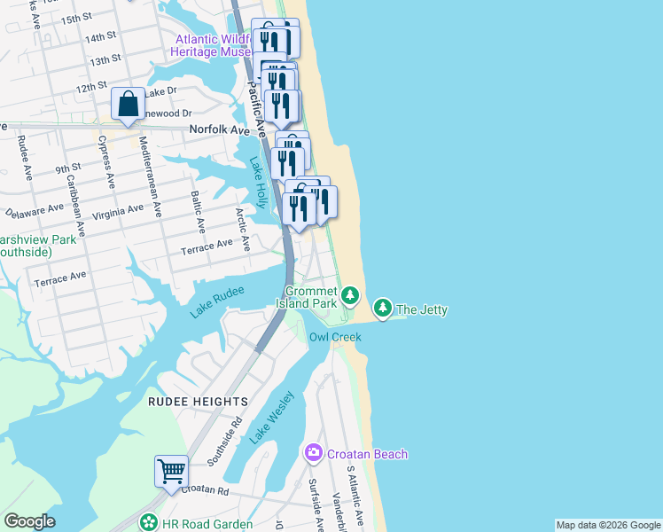 map of restaurants, bars, coffee shops, grocery stores, and more near 303 Atlantic Avenue in Virginia Beach