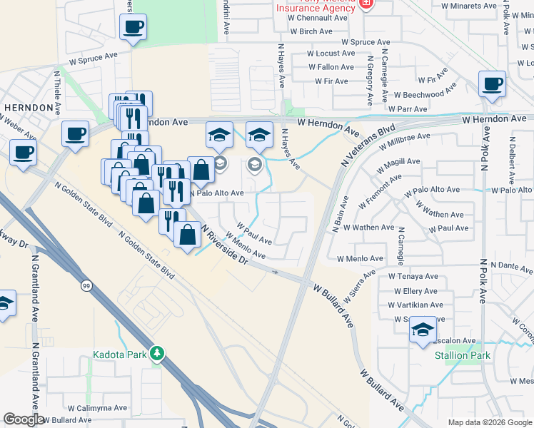map of restaurants, bars, coffee shops, grocery stores, and more near 6140 West Goux Avenue in Fresno