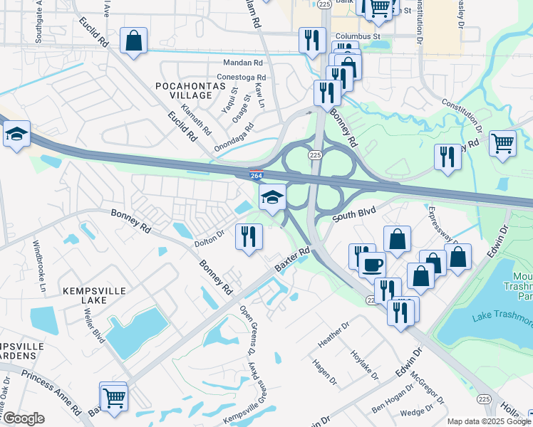 map of restaurants, bars, coffee shops, grocery stores, and more near 4780 Dolton Drive in Virginia Beach