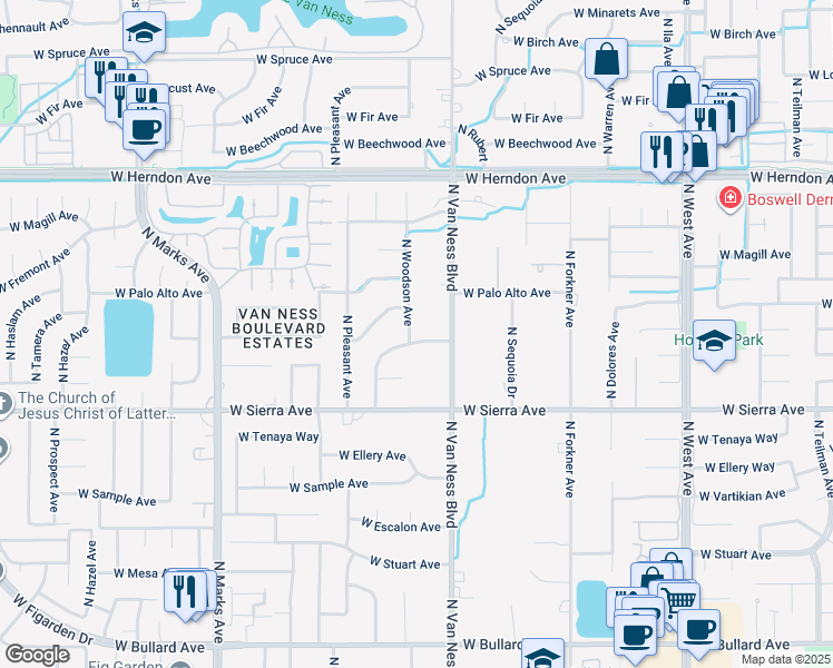 map of restaurants, bars, coffee shops, grocery stores, and more near 2460 West Menlo Avenue in Fresno