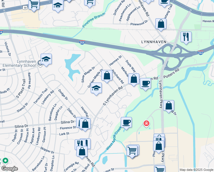 map of restaurants, bars, coffee shops, grocery stores, and more near 3006 South Lynnhaven Road in Virginia Beach