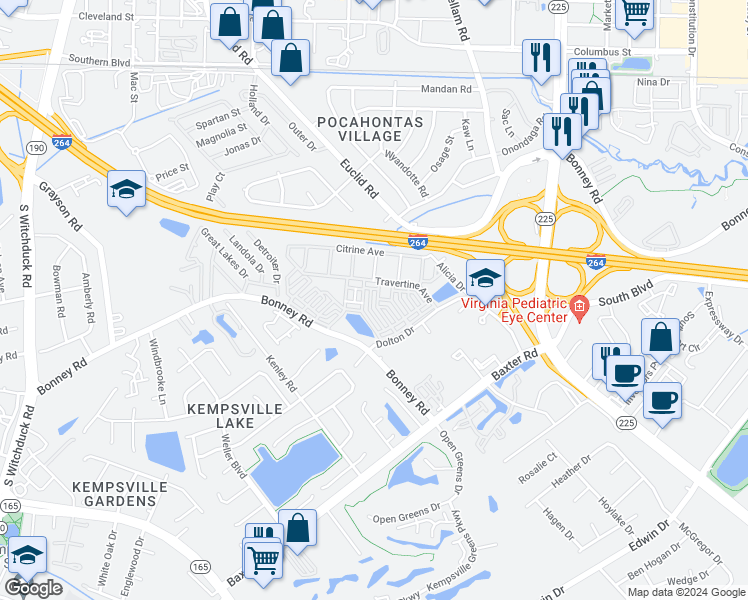 map of restaurants, bars, coffee shops, grocery stores, and more near Bonney Road in Virginia Beach