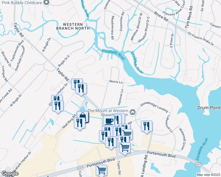 map of restaurants, bars, coffee shops, grocery stores, and more near 2537 Denning Lane in Chesapeake