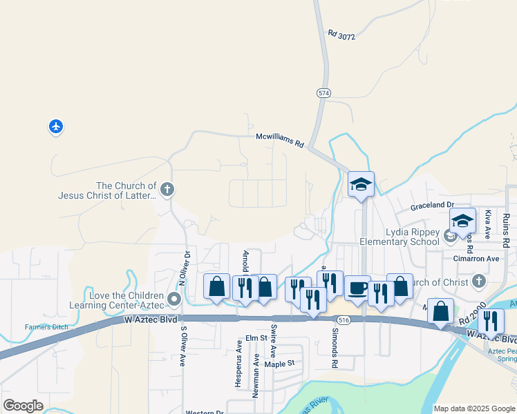 map of restaurants, bars, coffee shops, grocery stores, and more near Crane Drive in Aztec