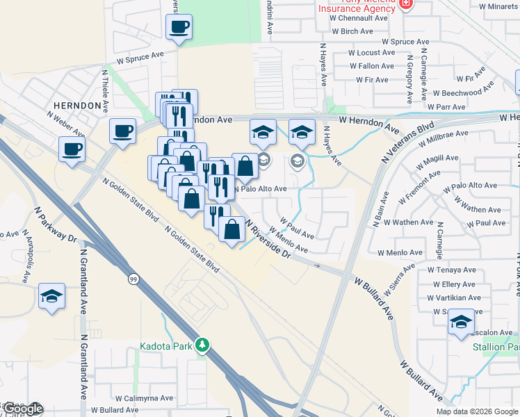 map of restaurants, bars, coffee shops, grocery stores, and more near 6328 West Wathen Avenue in Fresno