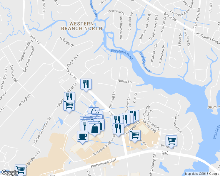 map of restaurants, bars, coffee shops, grocery stores, and more near 4349 Shorewood Drive in Chesapeake