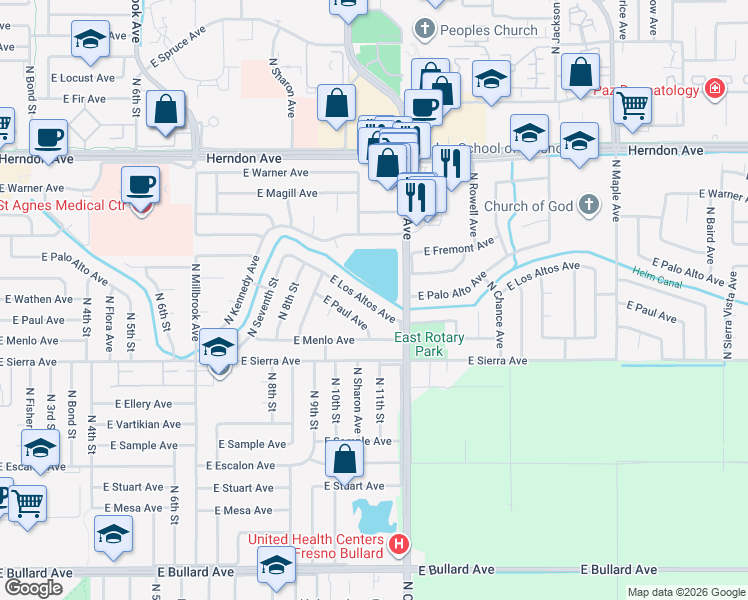 map of restaurants, bars, coffee shops, grocery stores, and more near 1734 East Los Altos Avenue in Fresno