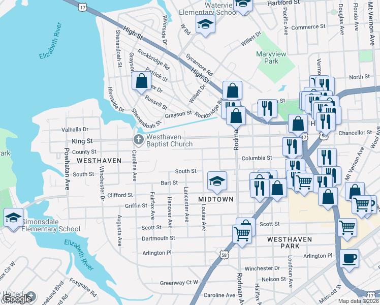 map of restaurants, bars, coffee shops, grocery stores, and more near 3919 County Street in Portsmouth