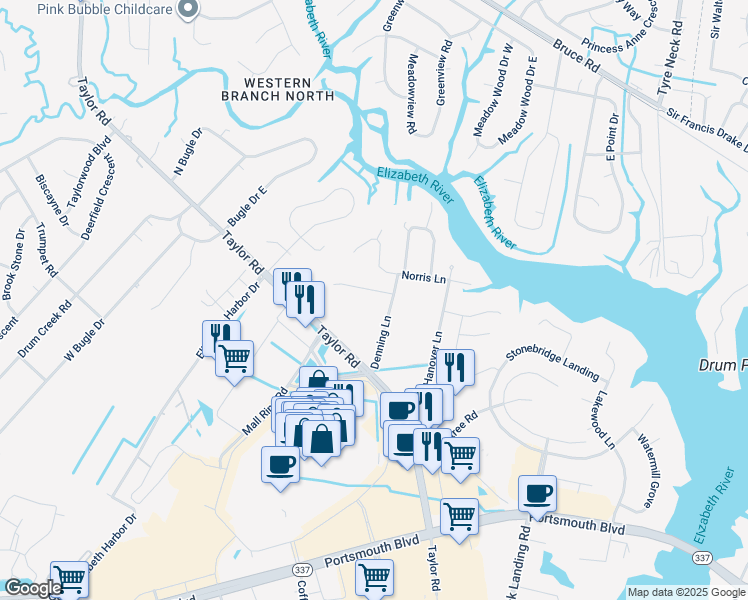 map of restaurants, bars, coffee shops, grocery stores, and more near 4349 Shorewood Drive in Chesapeake