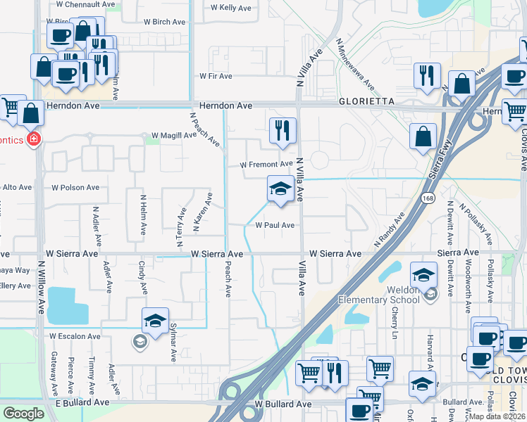 map of restaurants, bars, coffee shops, grocery stores, and more near 307 West Paul Avenue in Clovis