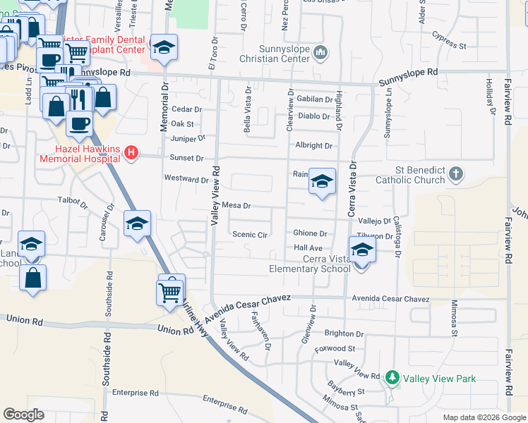 map of restaurants, bars, coffee shops, grocery stores, and more near 1341 Mesa Drive in Hollister
