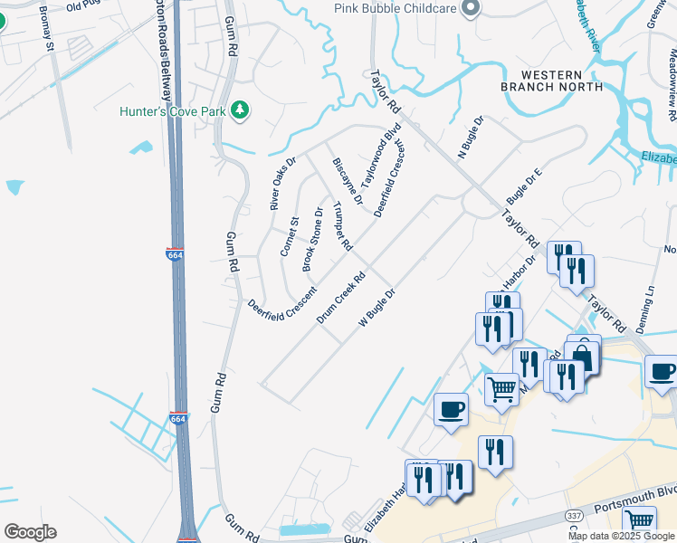 map of restaurants, bars, coffee shops, grocery stores, and more near 2613 Deerfield Crescent in Chesapeake