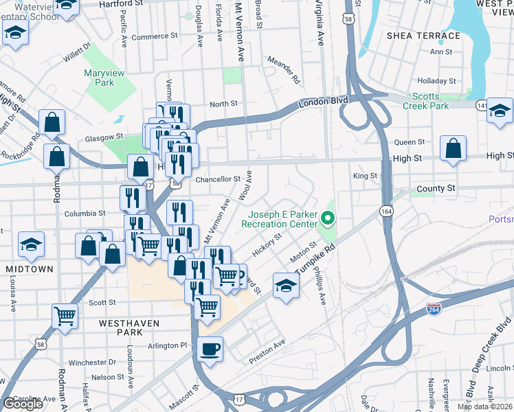 map of restaurants, bars, coffee shops, grocery stores, and more near 1379 Watson Street in Portsmouth